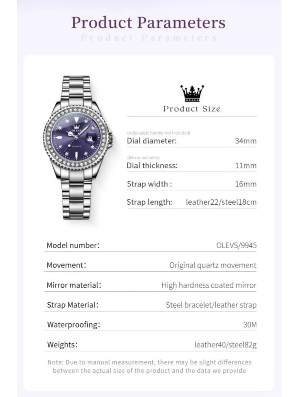 Women's Purple Luxury Diamond with Date Analog Quartz Waterproof Wrist Watch